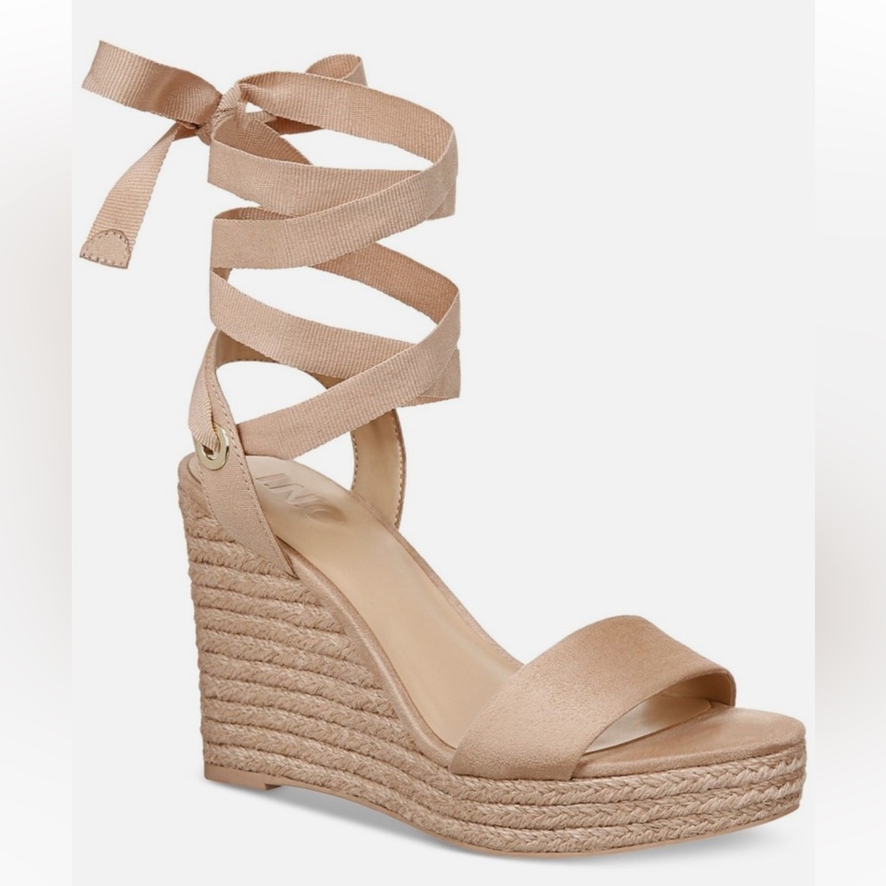 INC Womens Wrapping Ankle Maxx Almond Wedge Platform Espadrille Shoes 9 NWT